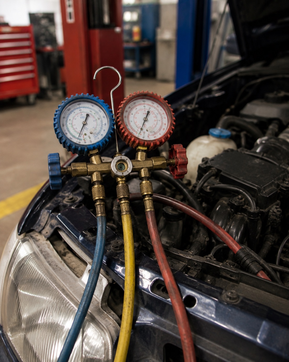 Air-con manifold gauges connected to a car under the bonnet during a re-gas