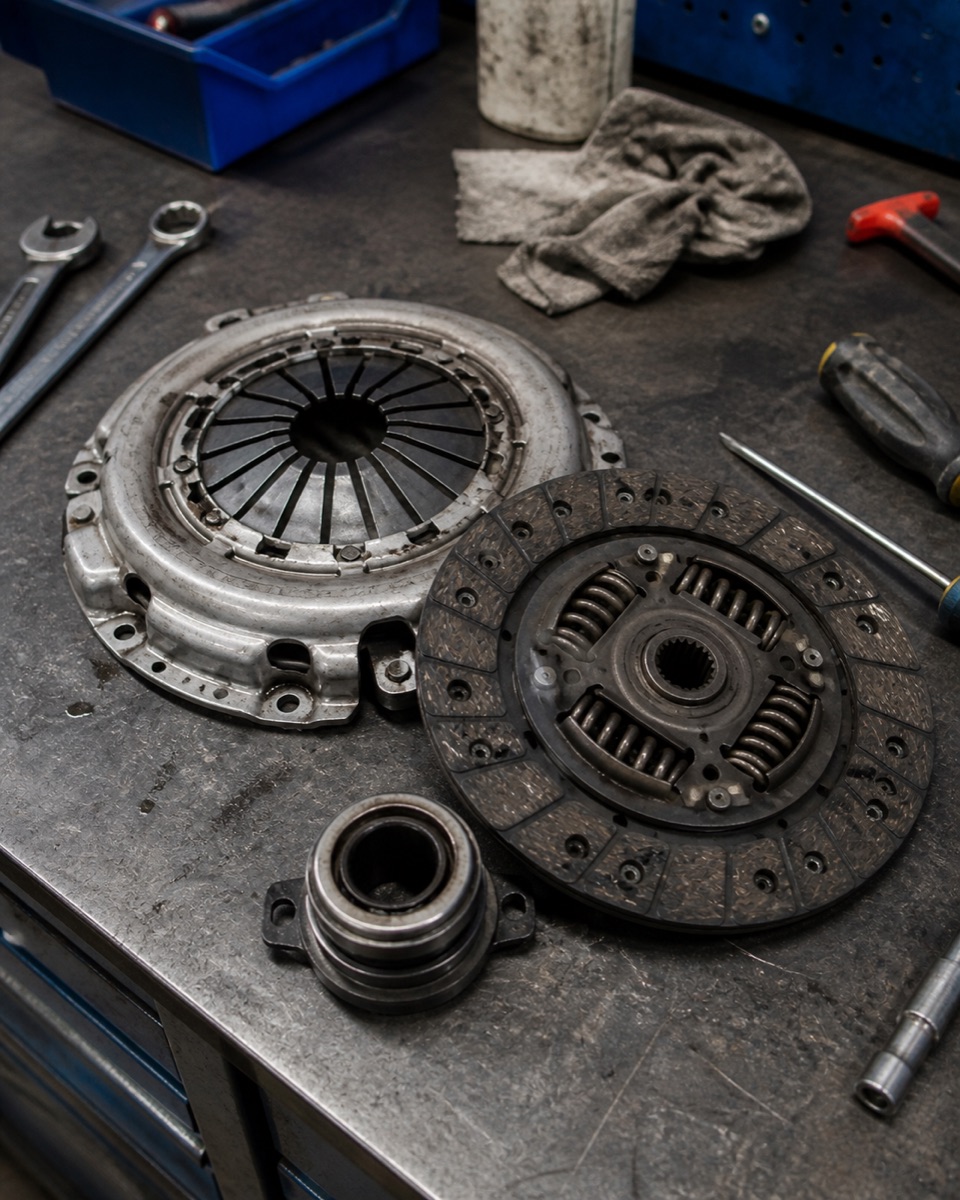 Clutch kit on the workshop bench — pressure plate, friction plate and release bearing