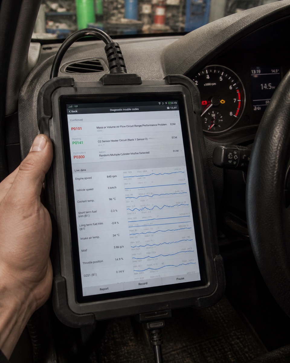 Handheld OBD diagnostics scanner showing live fault codes and sensor data inside a car