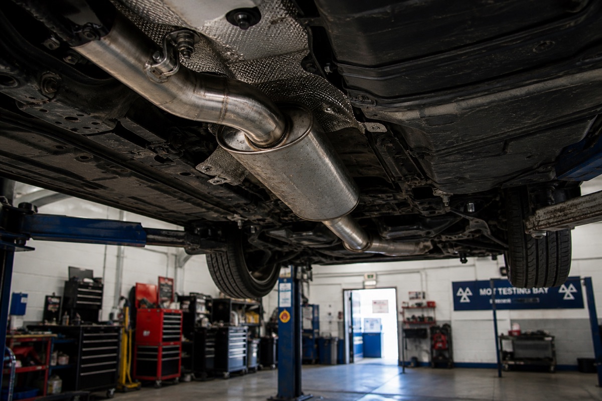 Exhaust system underneath a car on the lift, with the MOT testing bay sign in the background