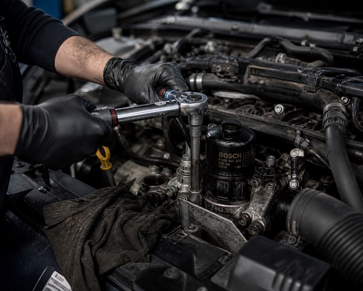 Technician torquing an oil filter housing during a service
